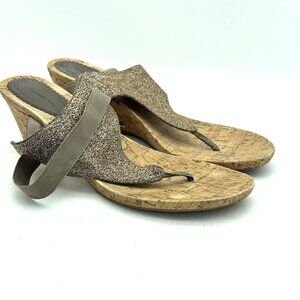 Croft & Barrow Slip On Cork Style Wedge Sandals Thong Glitter Brown Strap Womens